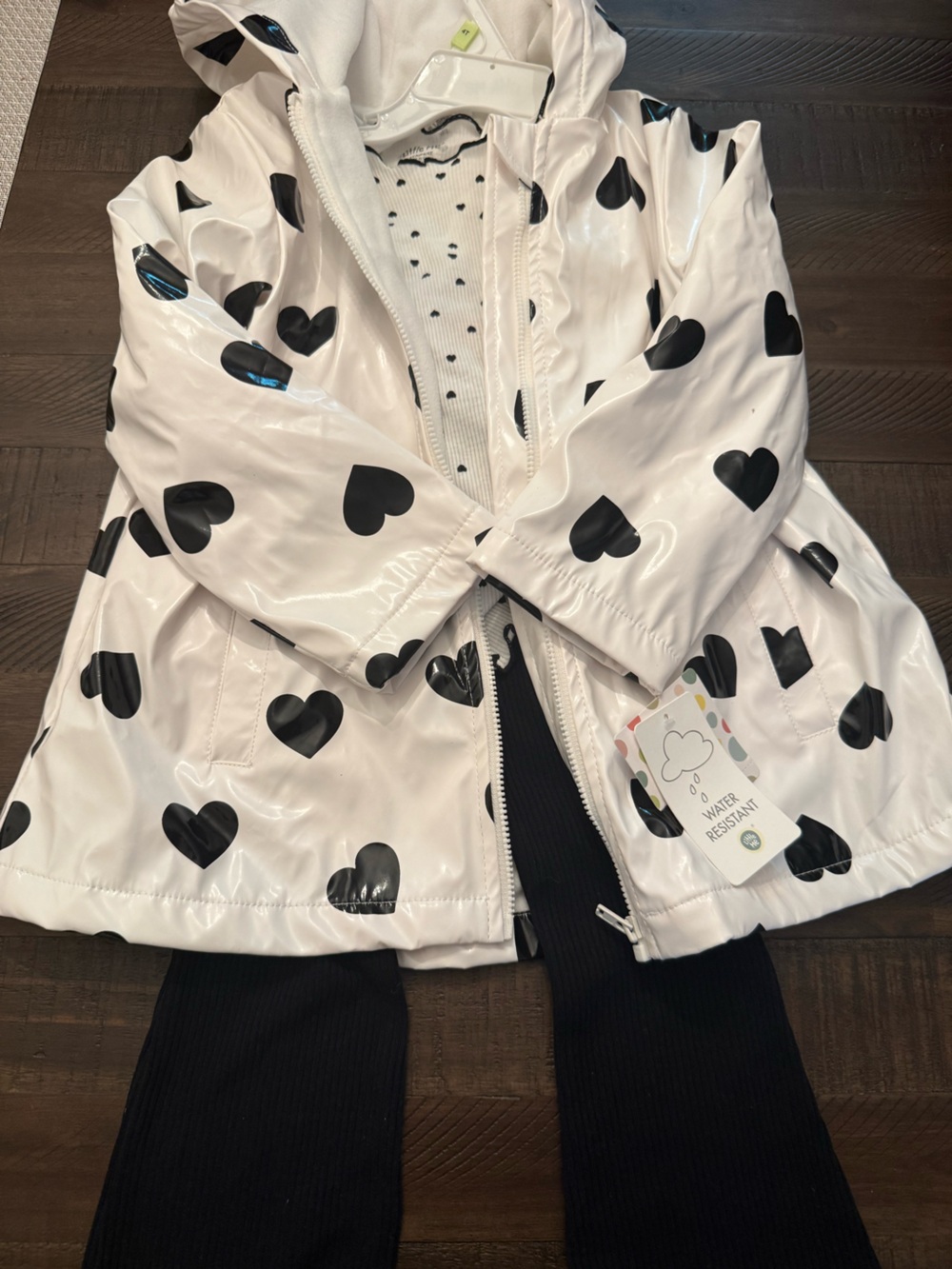 Little Me White Hooded Trench with Black Heart Print 3 piece set
